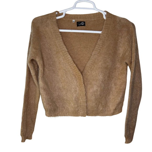 Cheap Monday Kaelen Mohair Cardigan Sweater Womens Small‎ Tan Fuzzy Button EUC - Picture 1 of 8